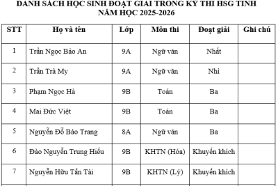 KẾT QUẢ KỲ THI HỌC SINH GIỎI VĂN HÓA CẤP TỈNH, NĂM HỌC 2025-2026 TRƯỜNG THCS VĂN LÝ